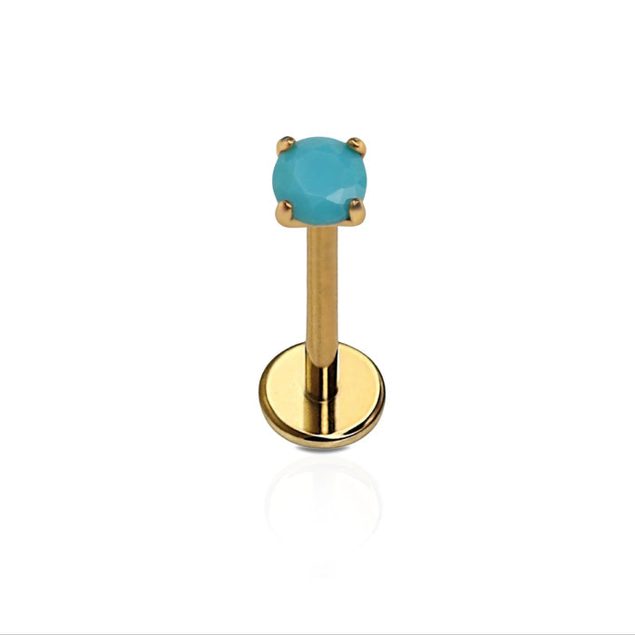 Gold PVD plated flat back stud with a prong-set turquoise-colored CZ on a white background.
