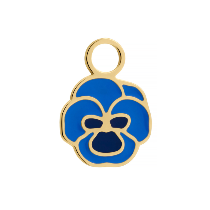 Gold and blue enamel pansy hoop charm on a white background.