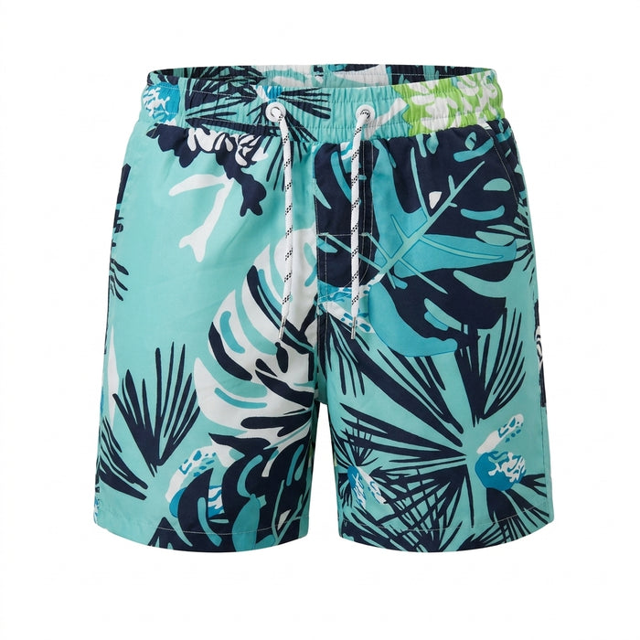 Men Aqua Tropical Leaf Print Swim Shorts