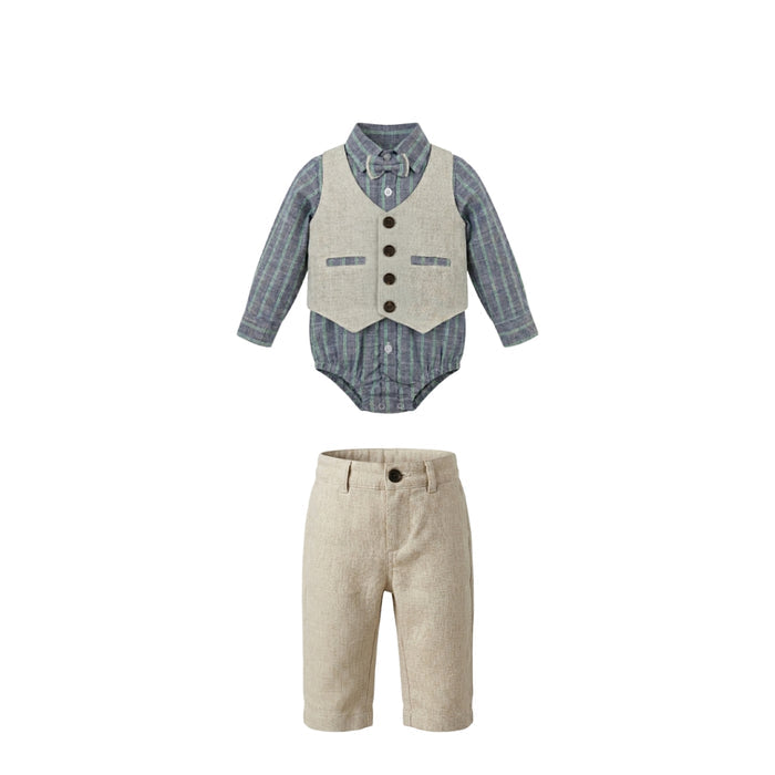 Boys 4 Piece Formal Outfit Set With Striped Bodysuit And Trousers