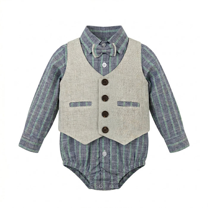 Boys 4 Piece Formal Outfit Set With Striped Bodysuit And Trousers