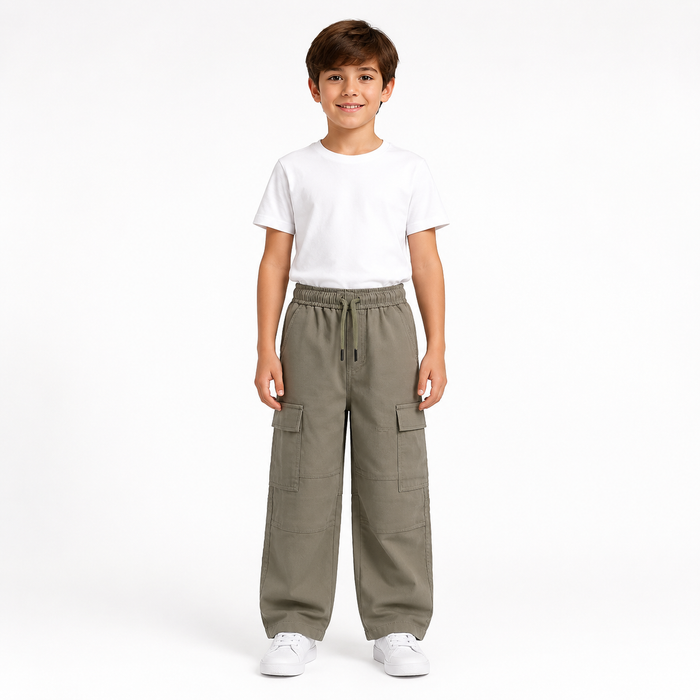 Boys Cargo Pants With Utility Pockets And Drawstring Waist