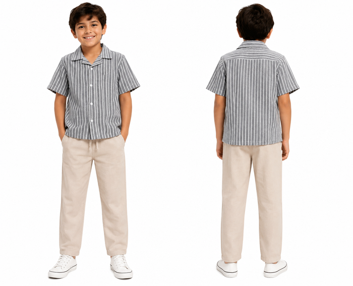 Boys Striped Short Sleeve Shirt And Linen Pants Set