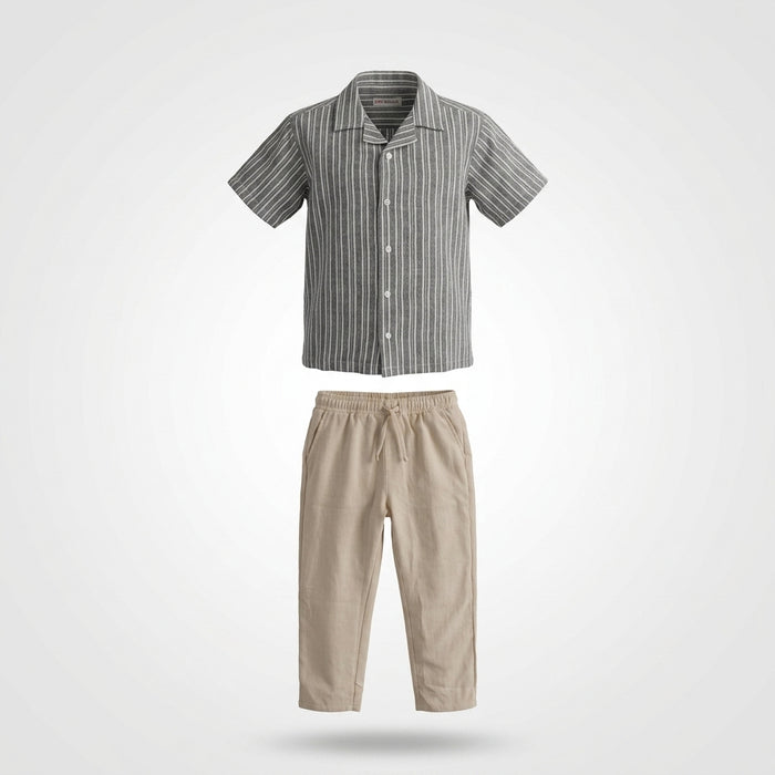 Boys Striped Short Sleeve Shirt And Linen Pants Set