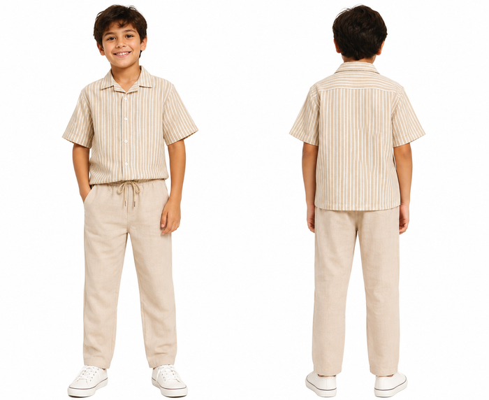 Boys Striped Short Sleeve Shirt And Linen Pants Set