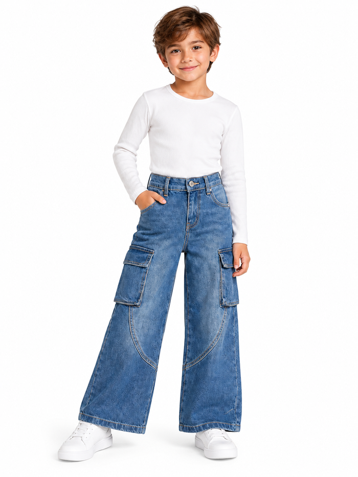 Boys Wide Leg Cargo Jeans Wash