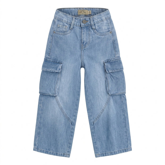 Girls Wide Leg Cargo Jeans Wash