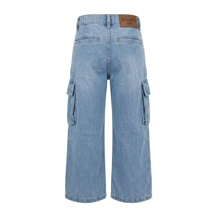 Girls Wide Leg Cargo Jeans Wash