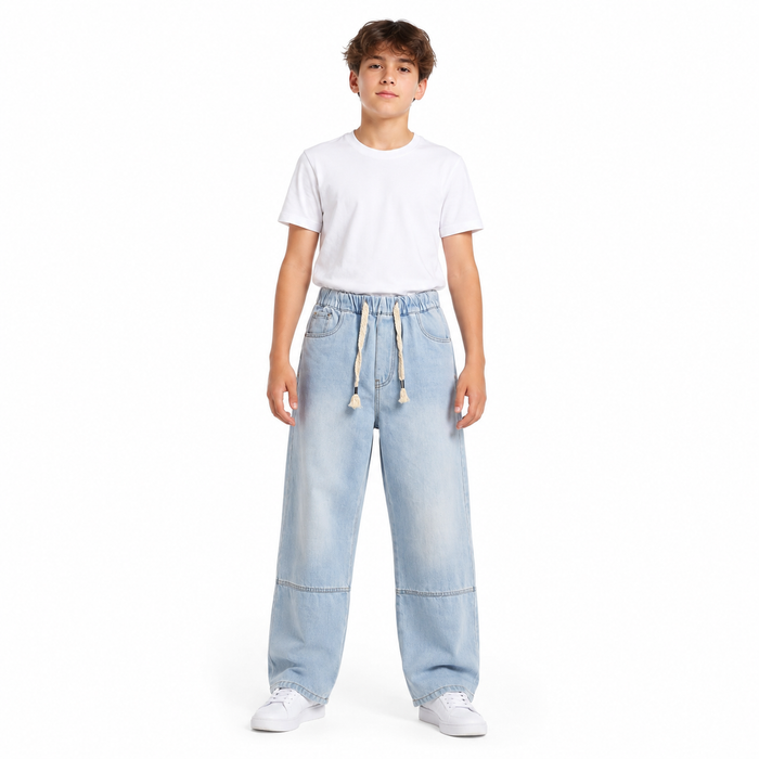 Boys Wide Leg Jeans With Elastic Drawstring Waist