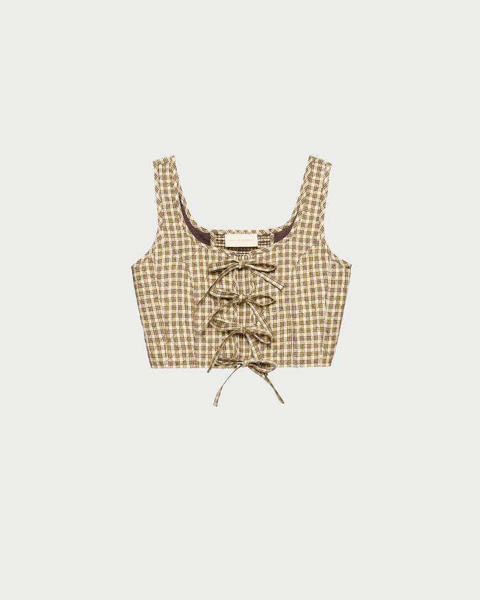 Callista Tie-Front Vest in brown/butter quilted plaid cotton.