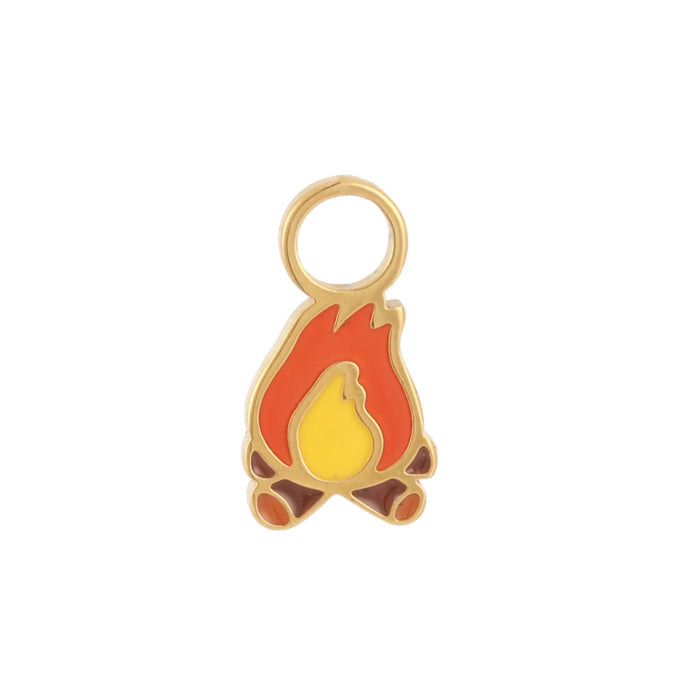 Gold charm with an enamel campfire design on a white background