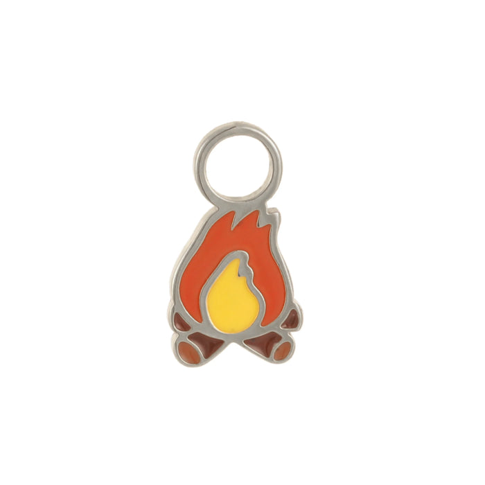 Silver charm with an enamel campfire design on a white background