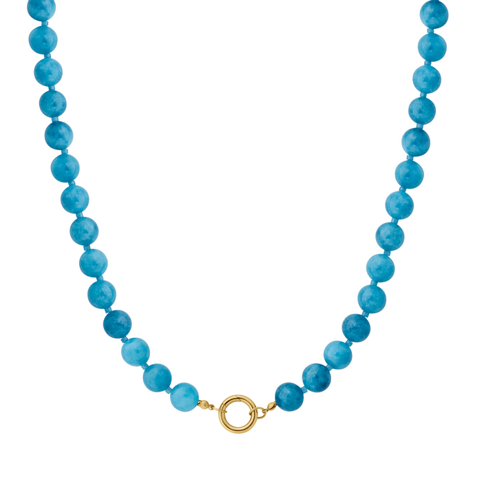 Blue beaded necklace with a gold clasp on a white background