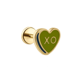 Heart-shaped enamel flat back stud with gold border and green center displaying 'XO' on a white background
