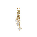 Gold chain hoop charm with three dangling round clear cubic zirconias on a white background