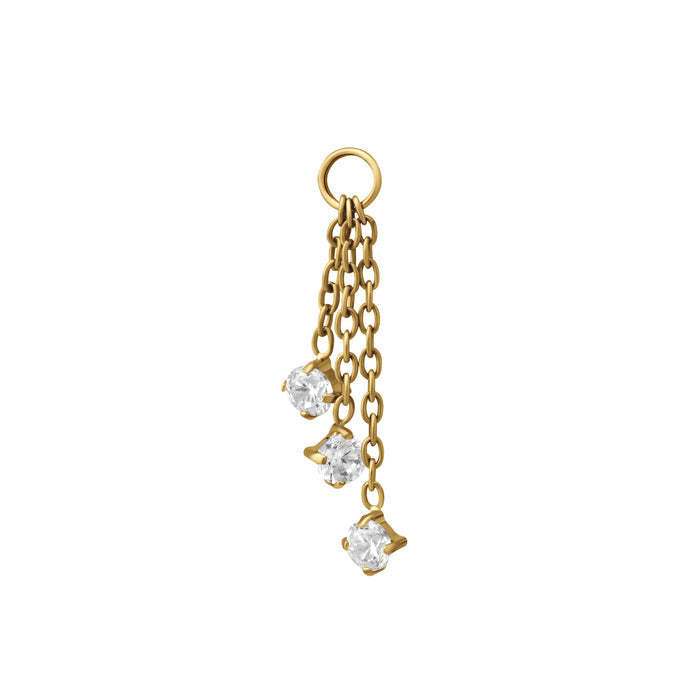 Gold chain hoop charm with three dangling round clear cubic zirconias on a white background