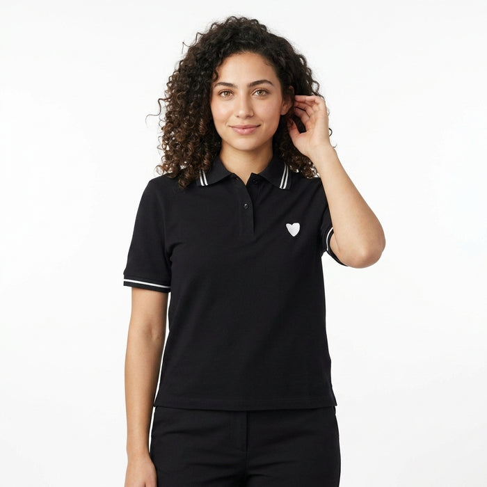 Casual Contrast Trim Short Sleeve Polo Top With Heart