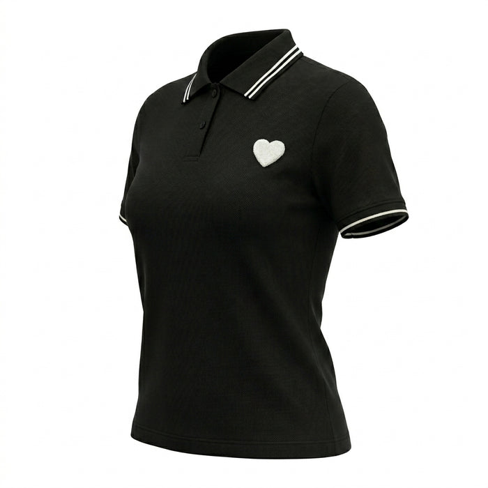 Casual Contrast Trim Short Sleeve Polo Top With Heart
