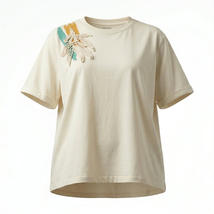 Casual Women Floral Applique Short Sleeve T Shirt