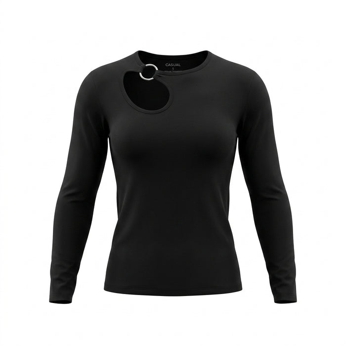 Casual Women Long Sleeve Top With Metal Ring Cut Out