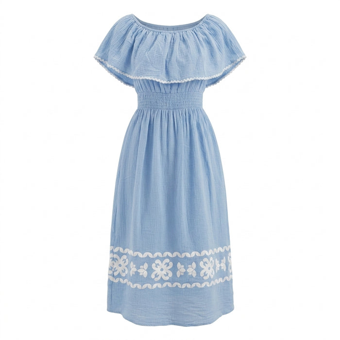 Casual Women Off Shoulder Ruffle Maxi Dress With Floral Border