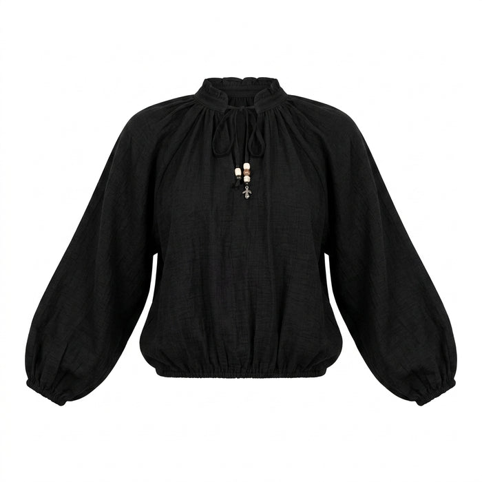 Casual Women Tie Neck Long Sleeve Peasant Blouse Semon