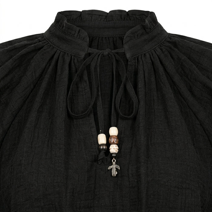 Casual Women Tie Neck Long Sleeve Peasant Blouse Semon