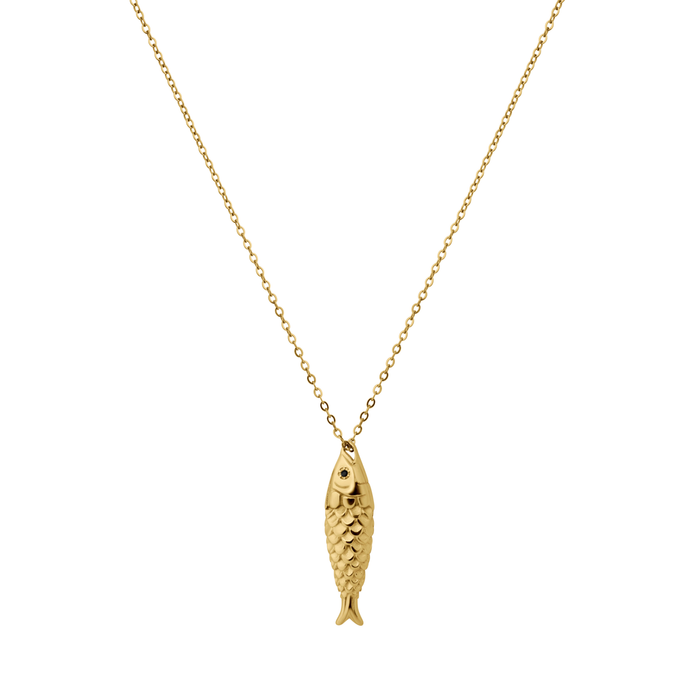 Gold fish pendant on a chain against a white background