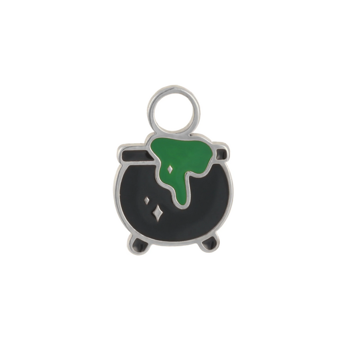 Small silver, black, and green enamel hoop charm in the shape of a cauldron bubbling over, on a white background.