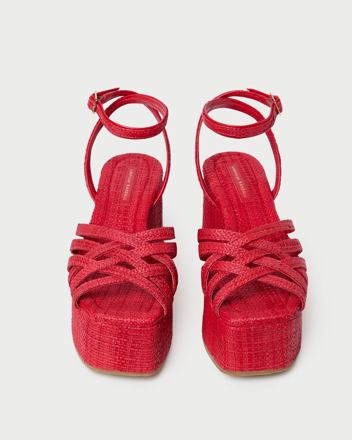 Channing Red Raffia Platform Sandal in red raffia.
