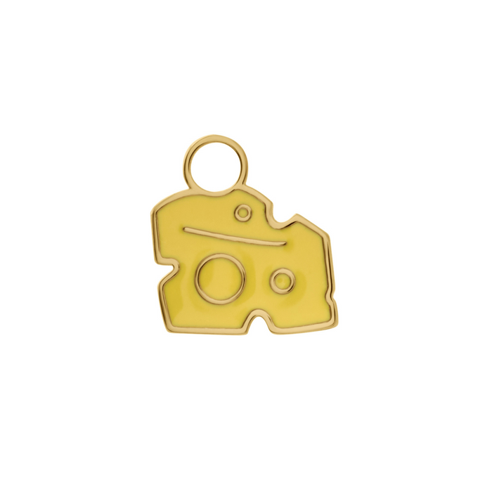 Gold-colored charm shaped like a cheese wedge with yellow enamel on a white background