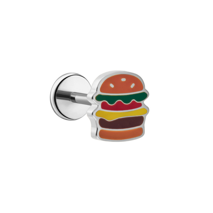 Silver and colorful enamel cheeseburger-shaped flat back stud earring on a white background