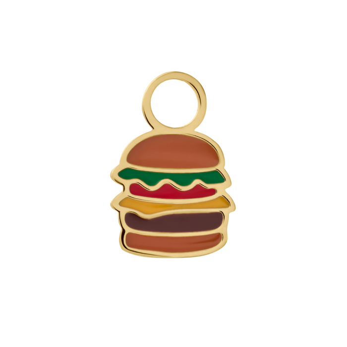 Colorful enamel hamburger-shaped gold surgical steel hoop charm on a white background