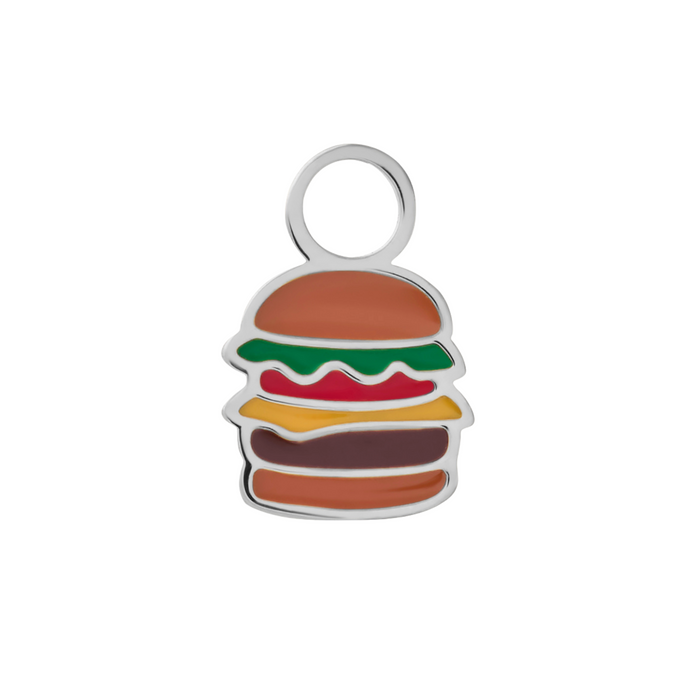 Colorful enamel hamburger-shaped silver surgical steel hoop charm on a white background