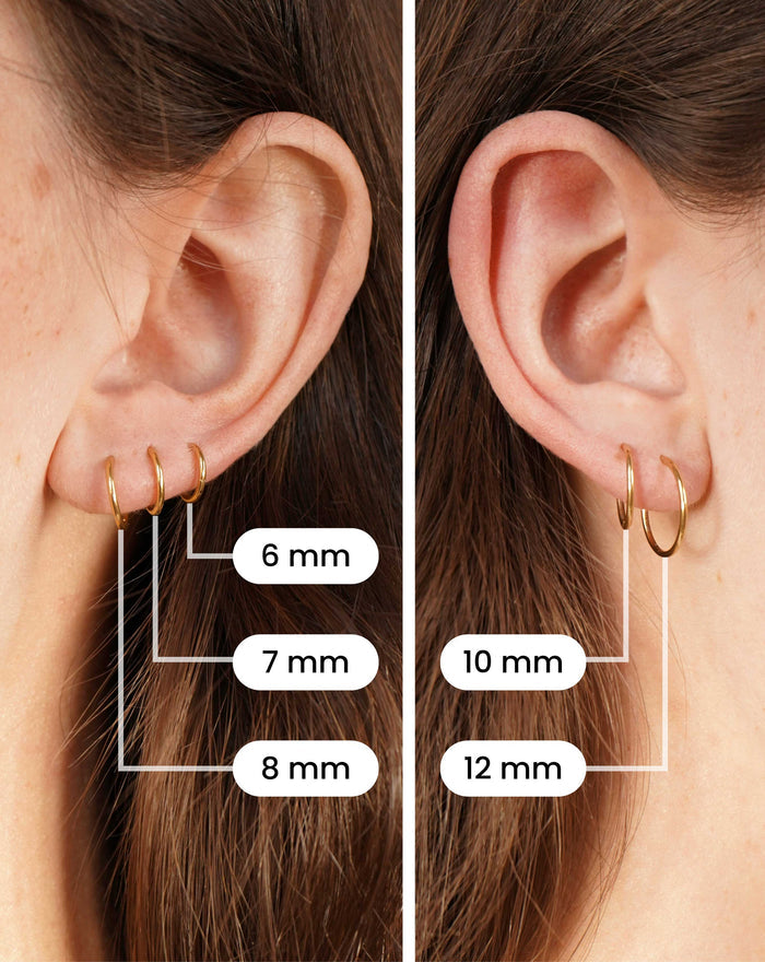Comparison of gold hoop earrings on ears with labeled sizes.
