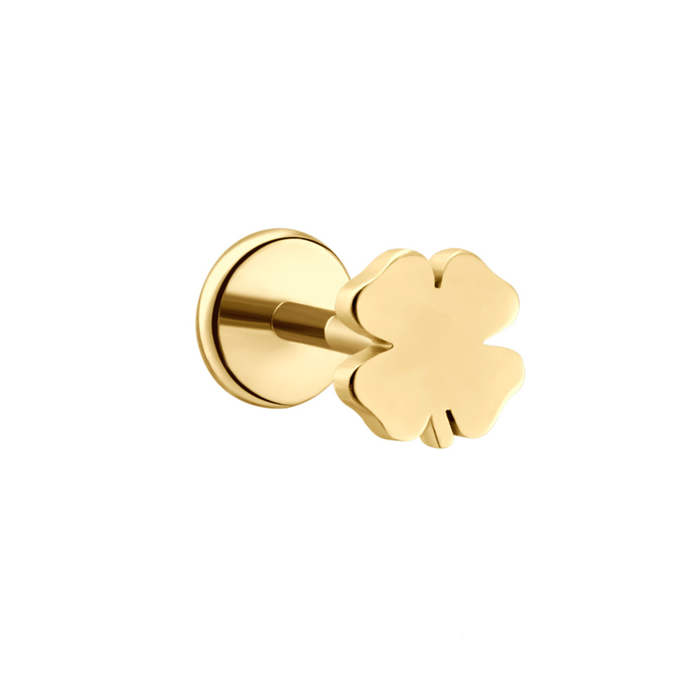 Gold four-leaf clover-shaped flat back stud earring on a white background