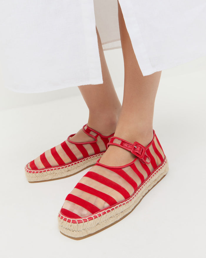 Clover Red/Caramel Mesh Espadrille in red and tan striped mesh and Clarissa Dress in white cotton.