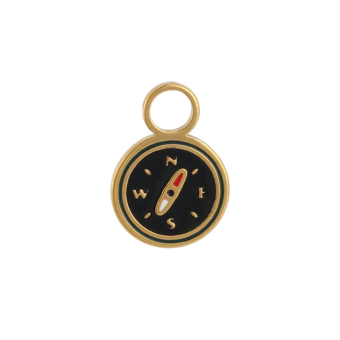 Gold, black, red, and white enamel compass hoop charm on a white background