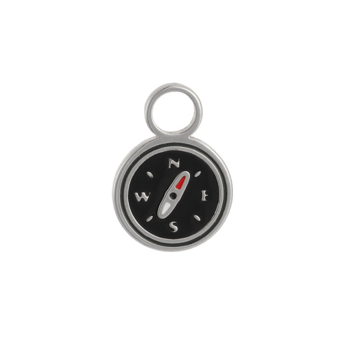 Silver, black, red, and white enamel compass hoop charm on a white background