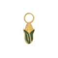 Gold, yellow, and green half-peeled corn ear hoop charm on a white background