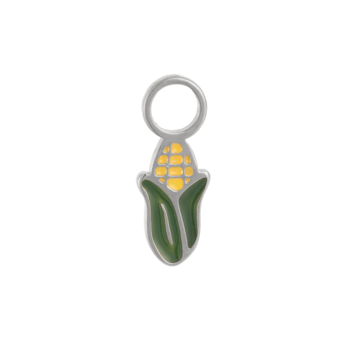 Titanium silver, yellow, and green half-peeled corn ear hoop charm on a white background