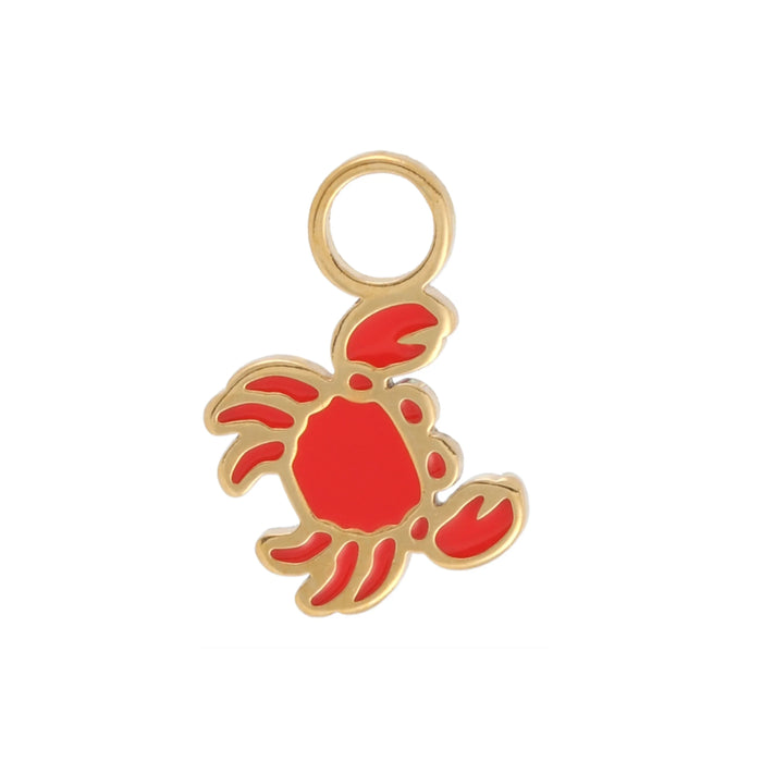 Red crab charm on a gold chain against a white background