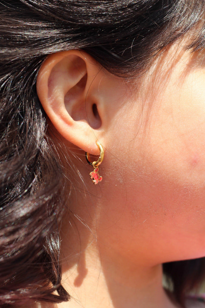 Close-up of an ear wearing a gold hoop earring with red crab charm on it.