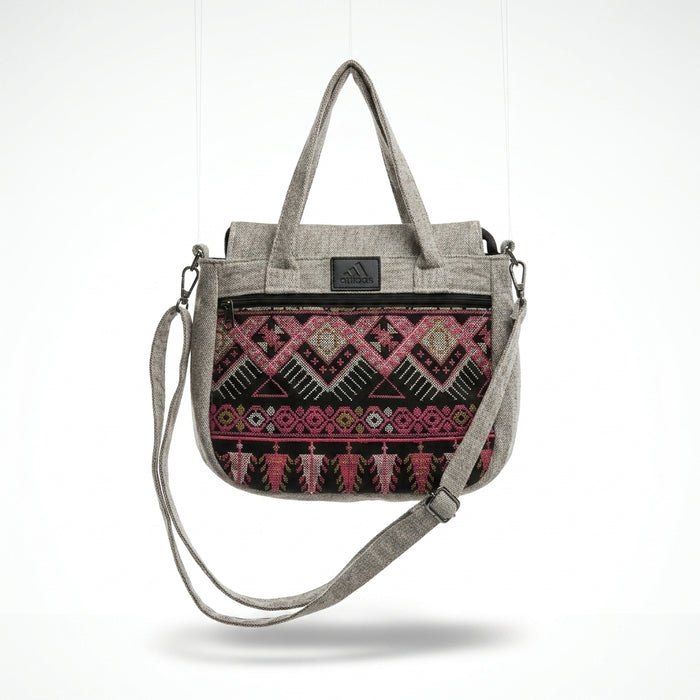 Crossbody Tote Bag With Ethnic Woven Front Panel