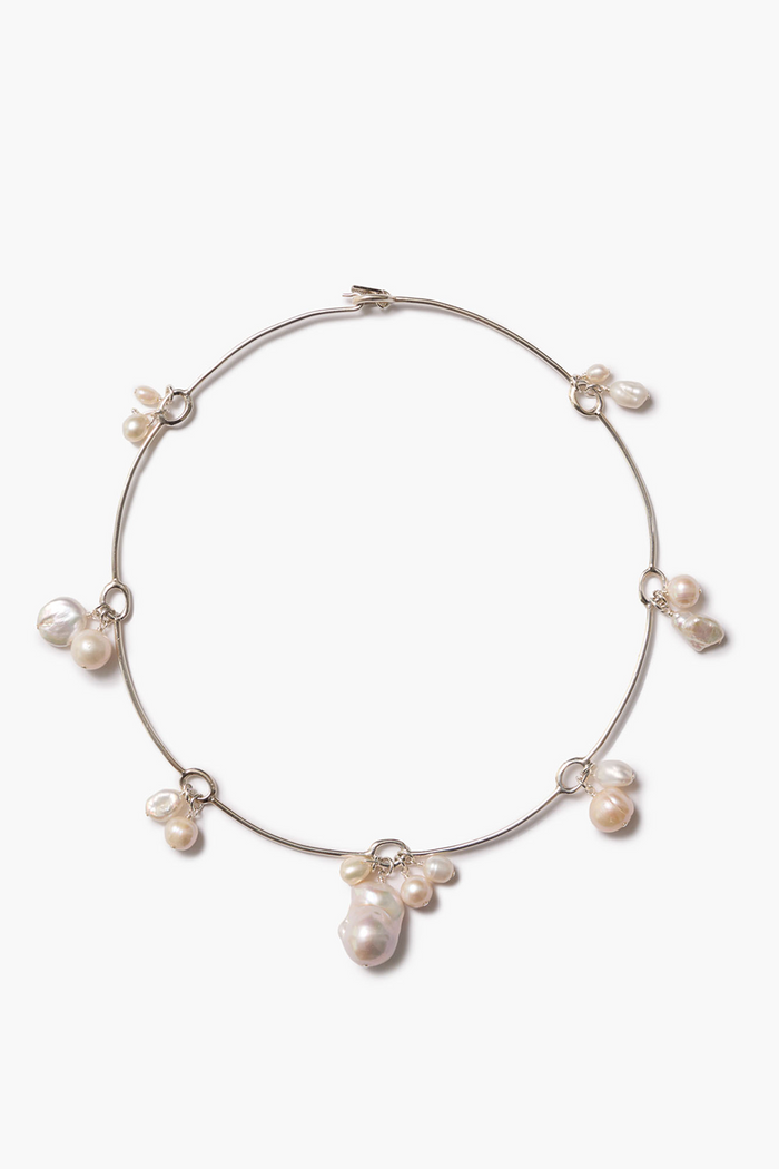 Crown Pearl Collar Necklace Silver