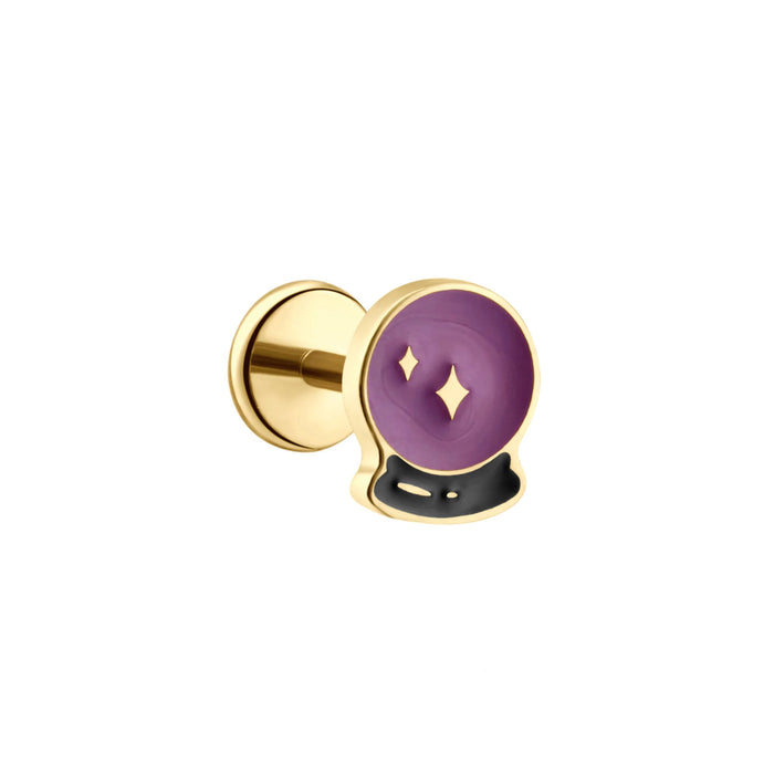 Gold, purple, and black enamel flat back stud earring on a white background.