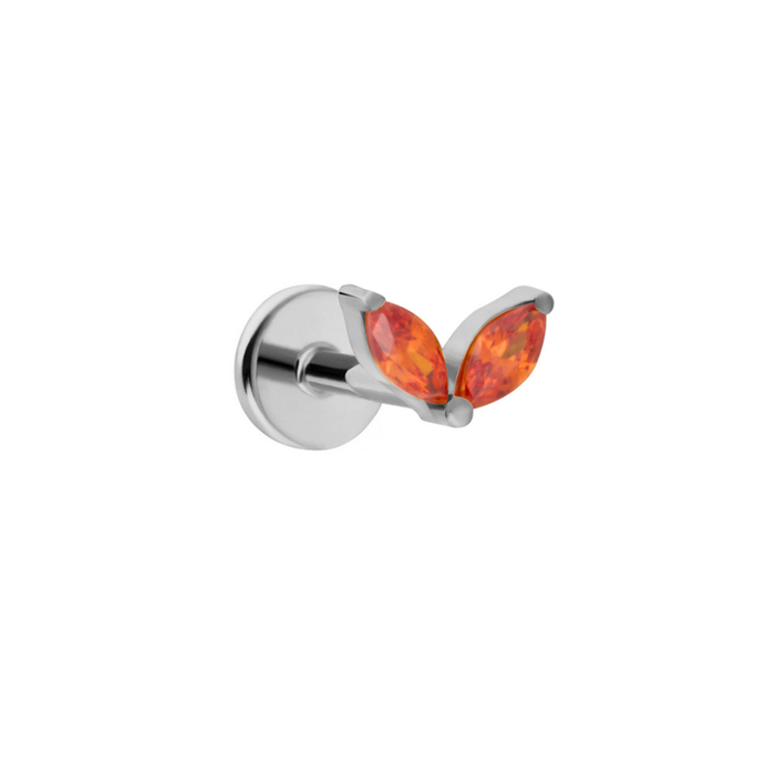 Silver titanium flat back stud earring with bright orange gemstones on a white background