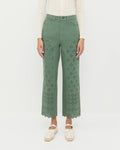Demi Embroidered Pant in sage denim, Lolo Pointelle Long-Sleeve Tee in cream cotton, and Clover Natural Embroidered Espadrille.