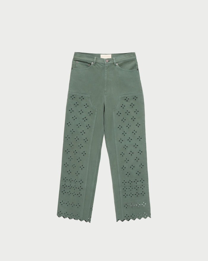 Demi Embroidered Pant in sage denim.
