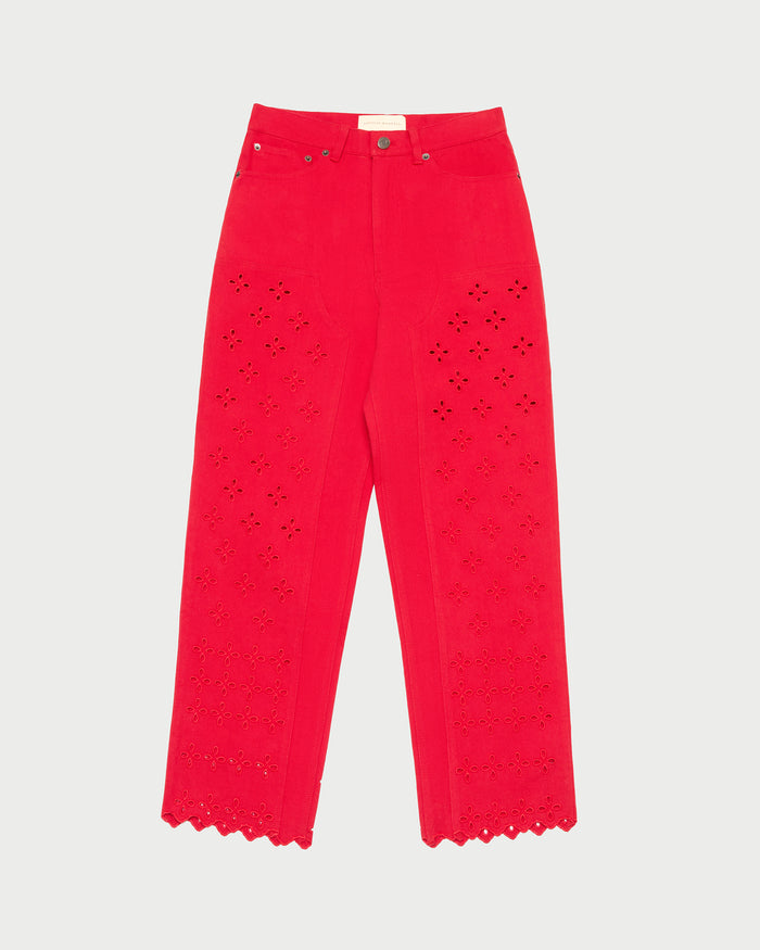 Demi Embroidered Pant in red denim.